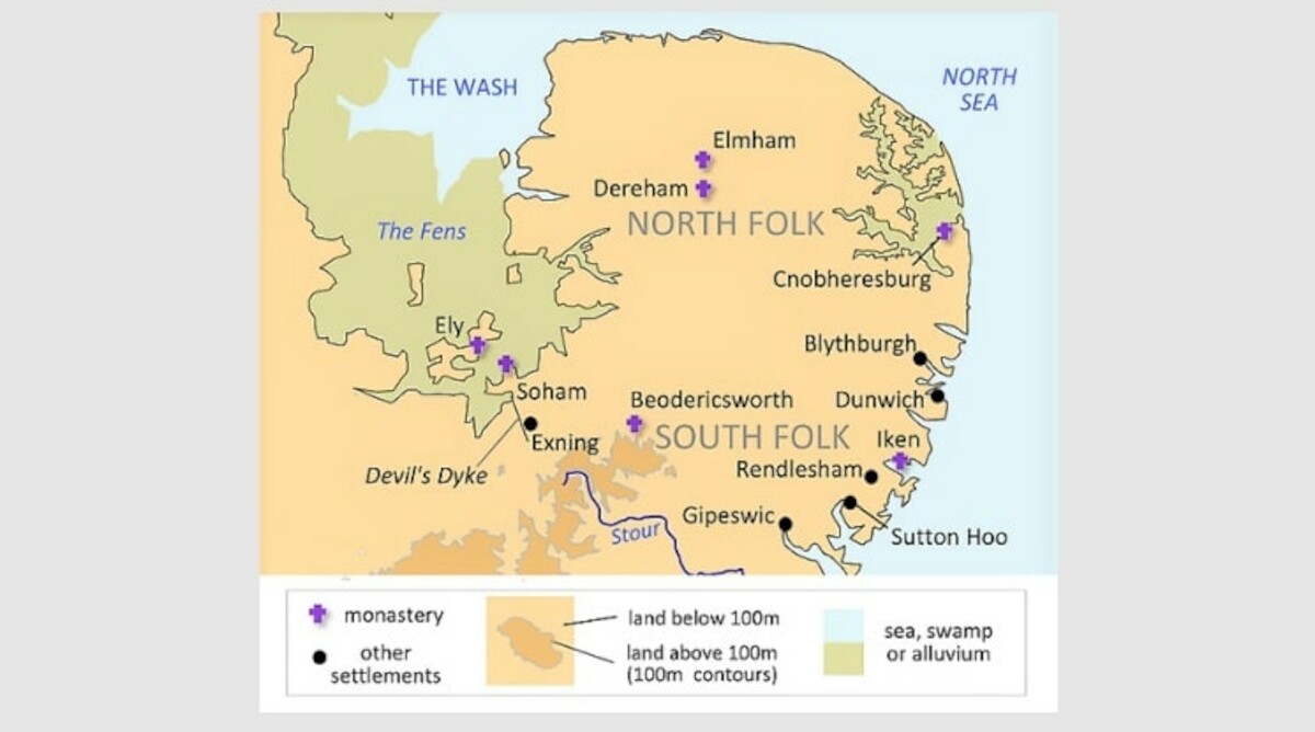 Królestwo Wschodnich Anglów we wczesnym okresie anglosaksońskim. Źródło:<a href='https://en.wikipedia.org/wiki/Kingdom_of_East_Anglia#/media/File:Williamson_p16_3.svg' rel='noopener'>domena publiczna</a>.