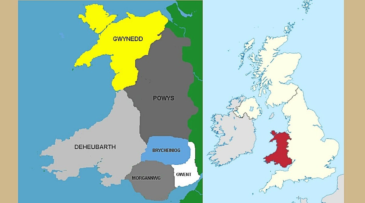 Walia (kolor czerwony) i średniowieczne królestwa walijskie. Źródło:<a href='https://en.wikipedia.org/wiki/Kingdom_of_Gwynedd#/media/File:CymruMap1093.PNG' rel='noopener'>domena publiczna</a>.