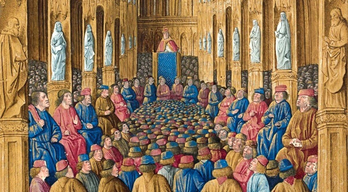 Papież Urban II przemawia na synodzie w Clermont w 1095 r. Miniatura z XV w. Źródło: <a href='https://upload.wikimedia.org/wikipedia/commons/4/41/Siege_of_Nicaea.jpg' rel='noopener'>domena publiczna</a>.