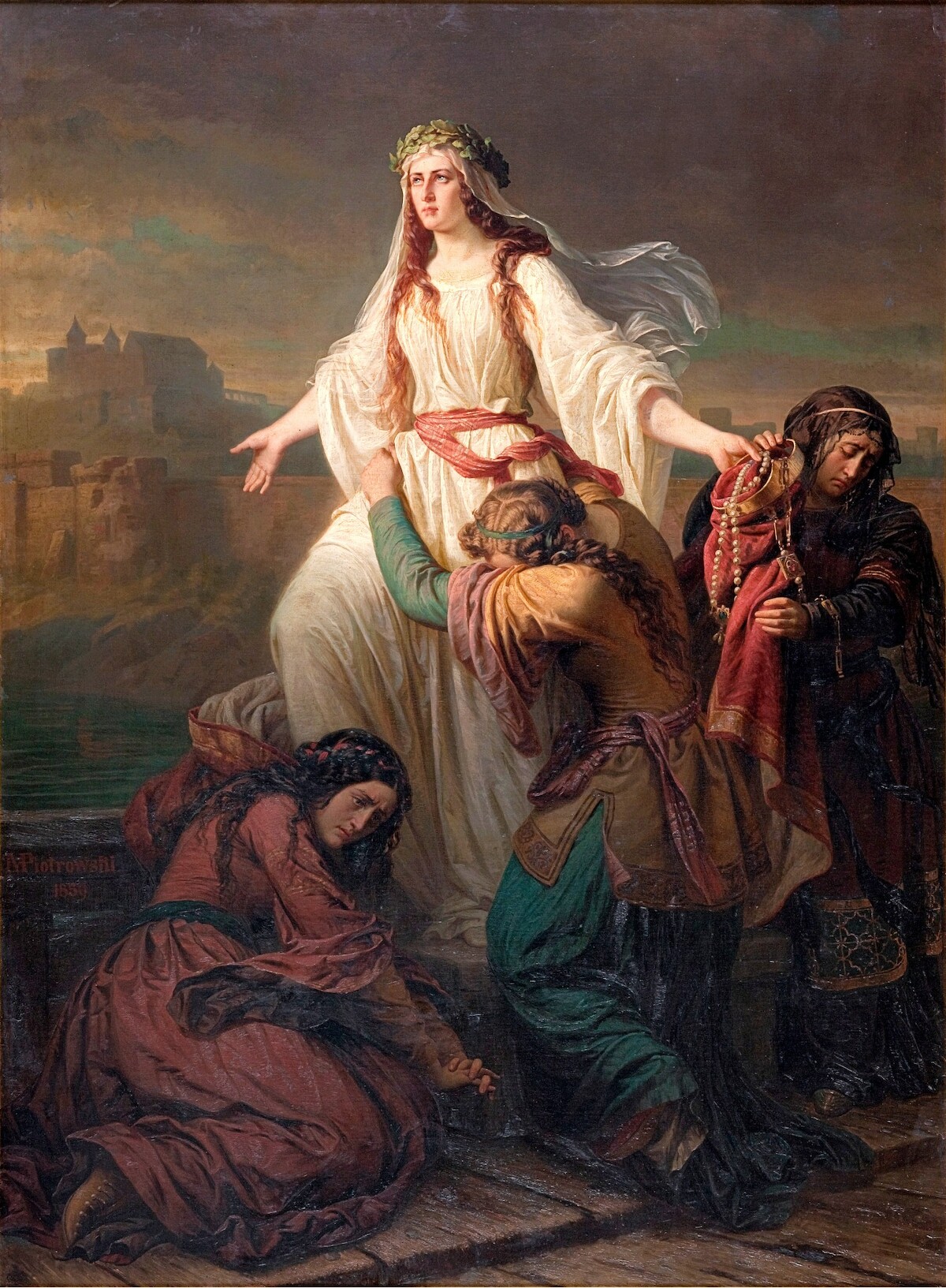 Śmierć Wandy. Obraz Maksymiliana Piotrowskiego (1859 r.). Źródło: <a href='https://upload.wikimedia.org/wikipedia/commons/6/69/Piotrowski_%C5%9Amier%C4%87_Wandy.jpg' rel='noopener'>domena publiczna</a>.