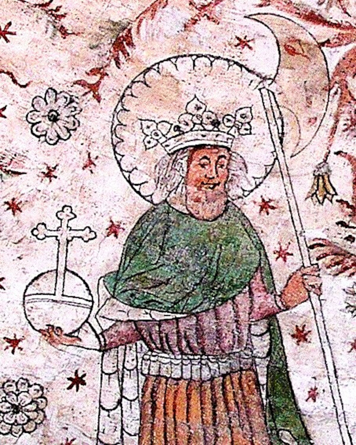 Olaf Święty - fresk z XV w. w kosciele w Överselö, Szwecja. Źródło: <a href='https://upload.wikimedia.org/wikipedia/commons/e/e8/Olof_Overselo.jpg' rel='noopener'>domena publiczna</a>.