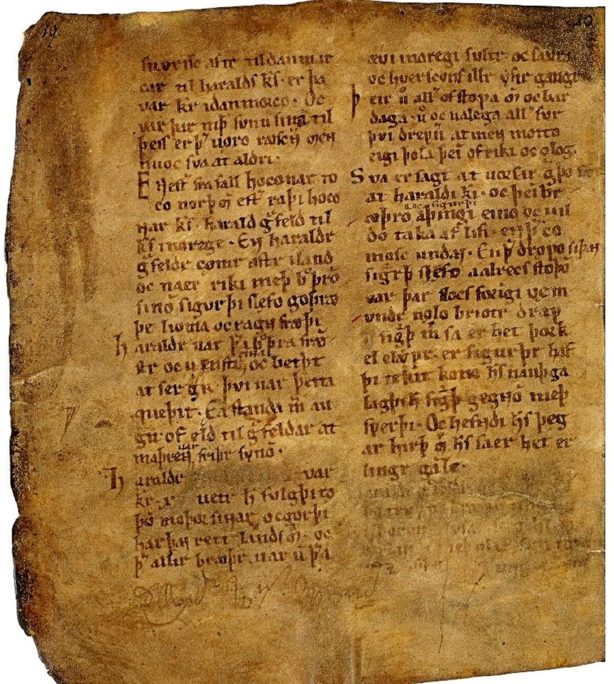 Strona z manuskryptu Ágrip (pierwsza połowa XIII w.). Źródło: <a href='https://en.wikipedia.org/wiki/%C3%81grip_af_N%C3%B3regskonungas%C3%B6gum#/media/File:%C3%81grip_af_N%C3%B3regskonungas%C3%B6gum.jpg' rel='noopener'>domena publiczna</a>.