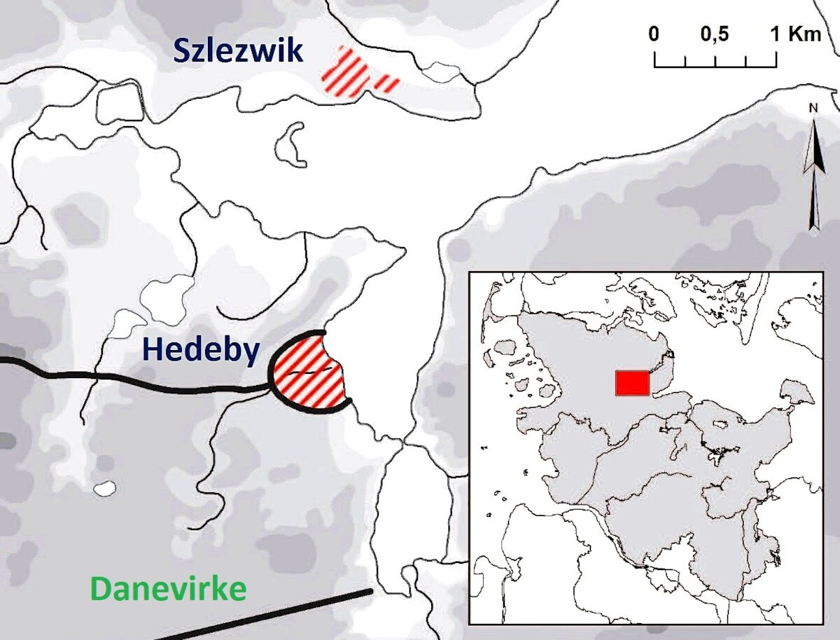 Lokalizacja Hedeby i Szlezwiku oraz fragmentu Danevirke. Źródło: Felix Rösch, The Schleswig Waterfront - a Place of major Significance for the Emergence of the Town?, s.159, ryc. 1. 