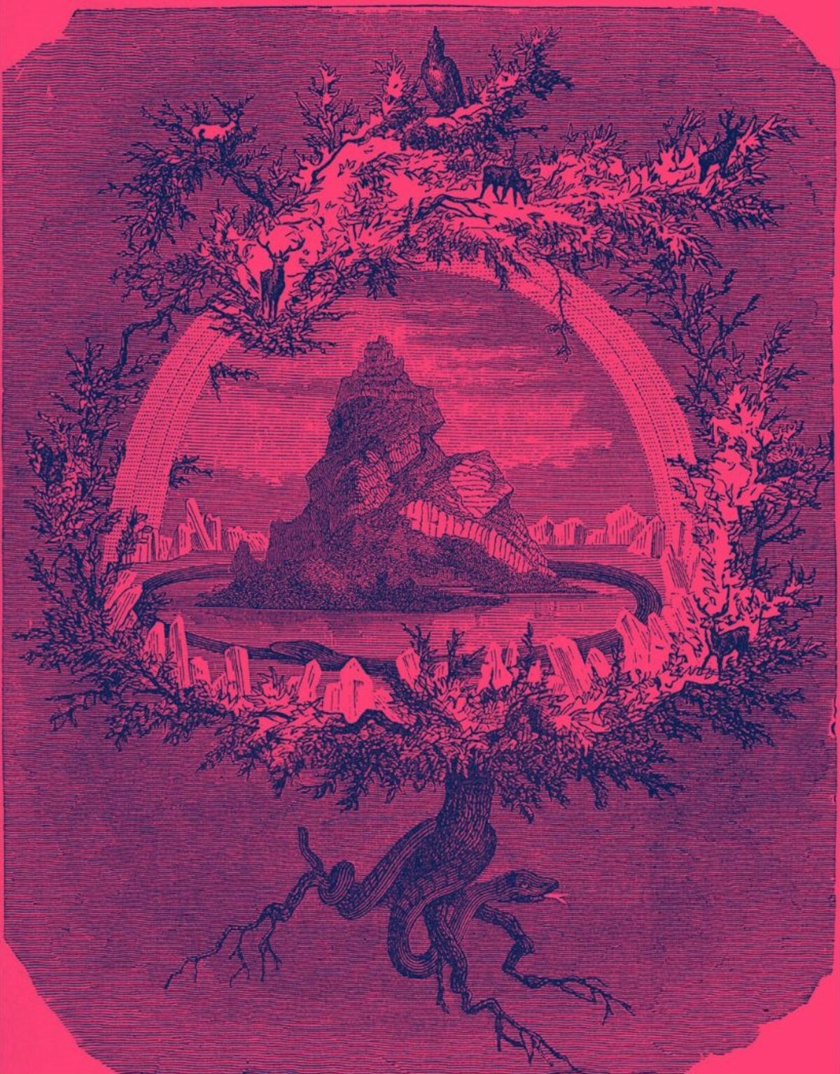 Yggdrasil, czyli Drzewo Świata w mitologii nordyckiej. Ilustracja Friedricha Wilhelma Heinego w pracy Asgard and the gods Wilhelma Wagnera (1886). Źródło: <a href='https://upload.wikimedia.org/wikipedia/commons/8/8d/The_Ash_Yggdrasil_by_Friedrich_Wilhelm_Heine.jpg' rel='noopener'>domena publiczna</a>.