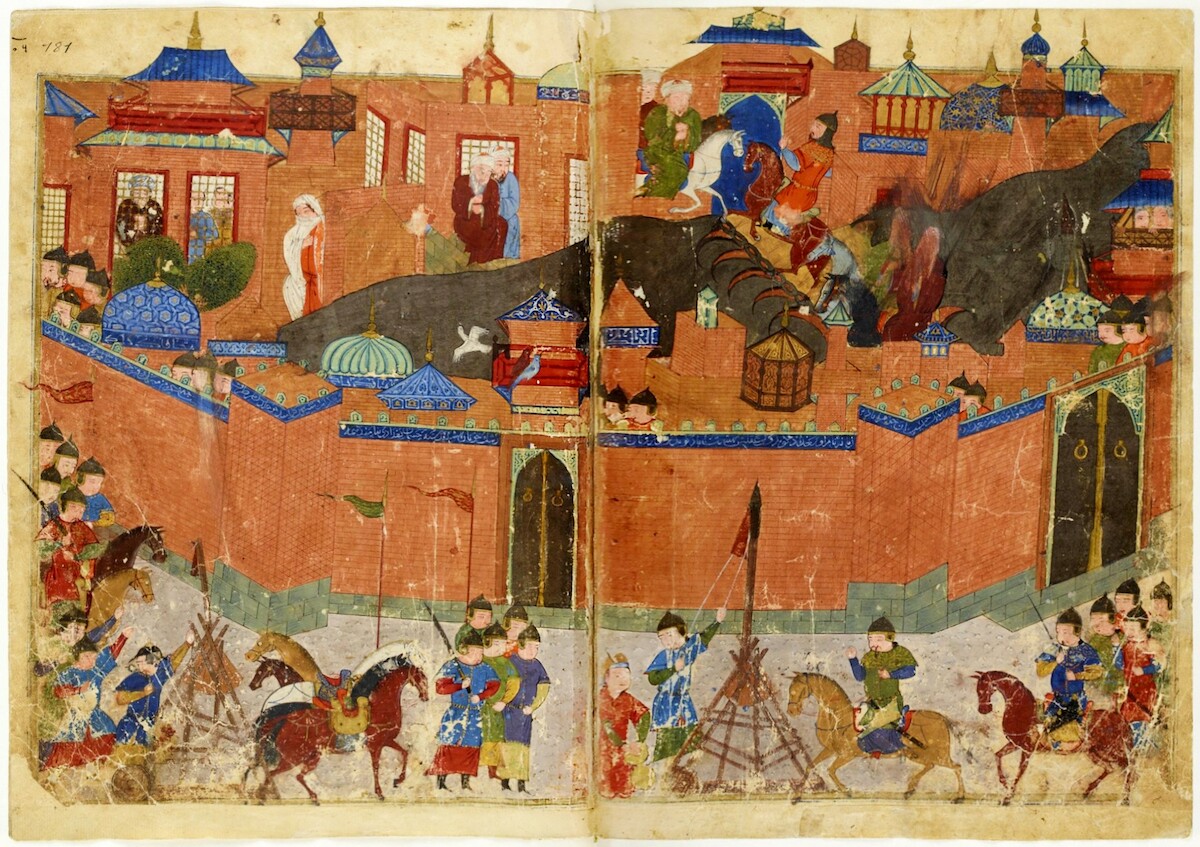Oblężenie Bagdadu przez armię mongolską Hulagu (manuskrypt z ok. 1430 r.). Źródło: <a href='https://upload.wikimedia.org/wikipedia/commons/8/85/Bagdad1258.jpg' rel='noopener'>domena publiczna</a>.
