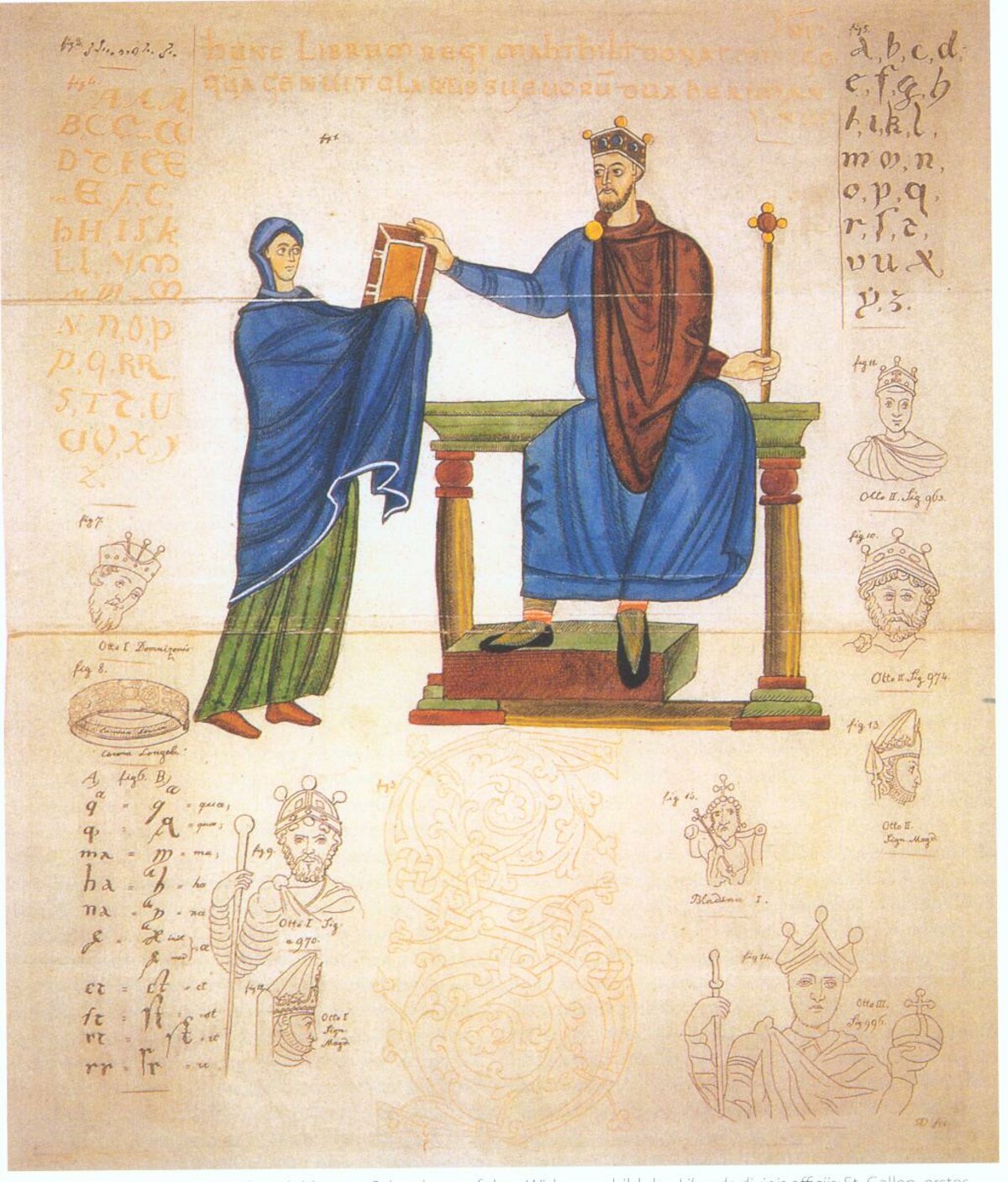 Dziewiętnastowieczny przerys miniatury przedstawiajacej wręczenie Mieszkowi II kodeksu przez Matyldę. Źródło: <a href='https://pl.wikipedia.org/wiki/Kodeks_Matyldy#/media/Plik:Darstellung_Mieszkos_und_Mathildes_von_Schwaben.jpg' rel='noopener'>domena publiczna</a>.