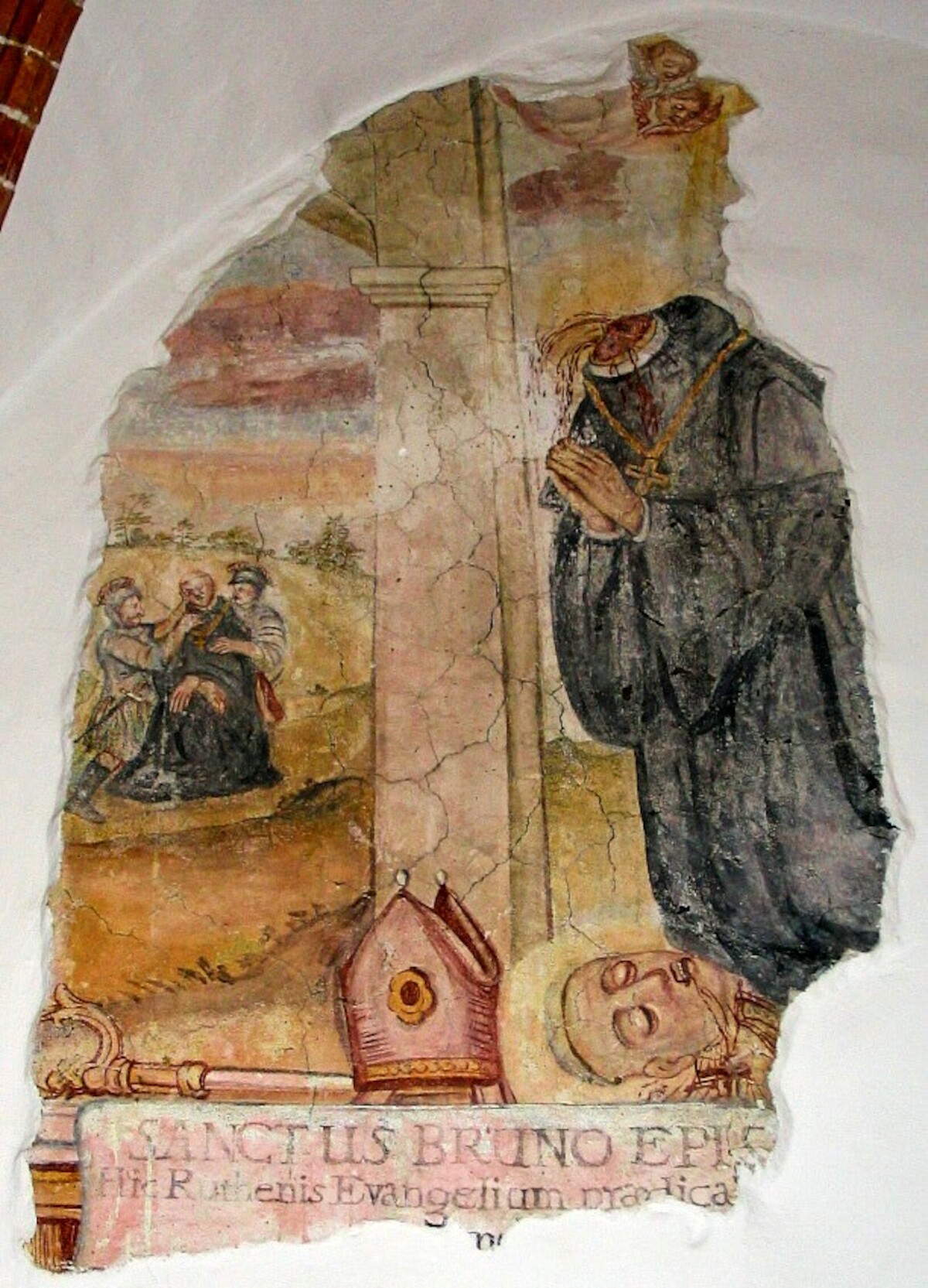 Fresk z opactwa Św. Krzyża na Łysej Górze przedstawiający śmierć Brunona z Kwerfurtu. Źródło: <a href='https://pl.wikipedia.org/wiki/Bruno_z_Kwerfurtu#/media/Plik:Bruno_of_Querfurt.jpg' rel='noopener'>domena publiczna</a>.