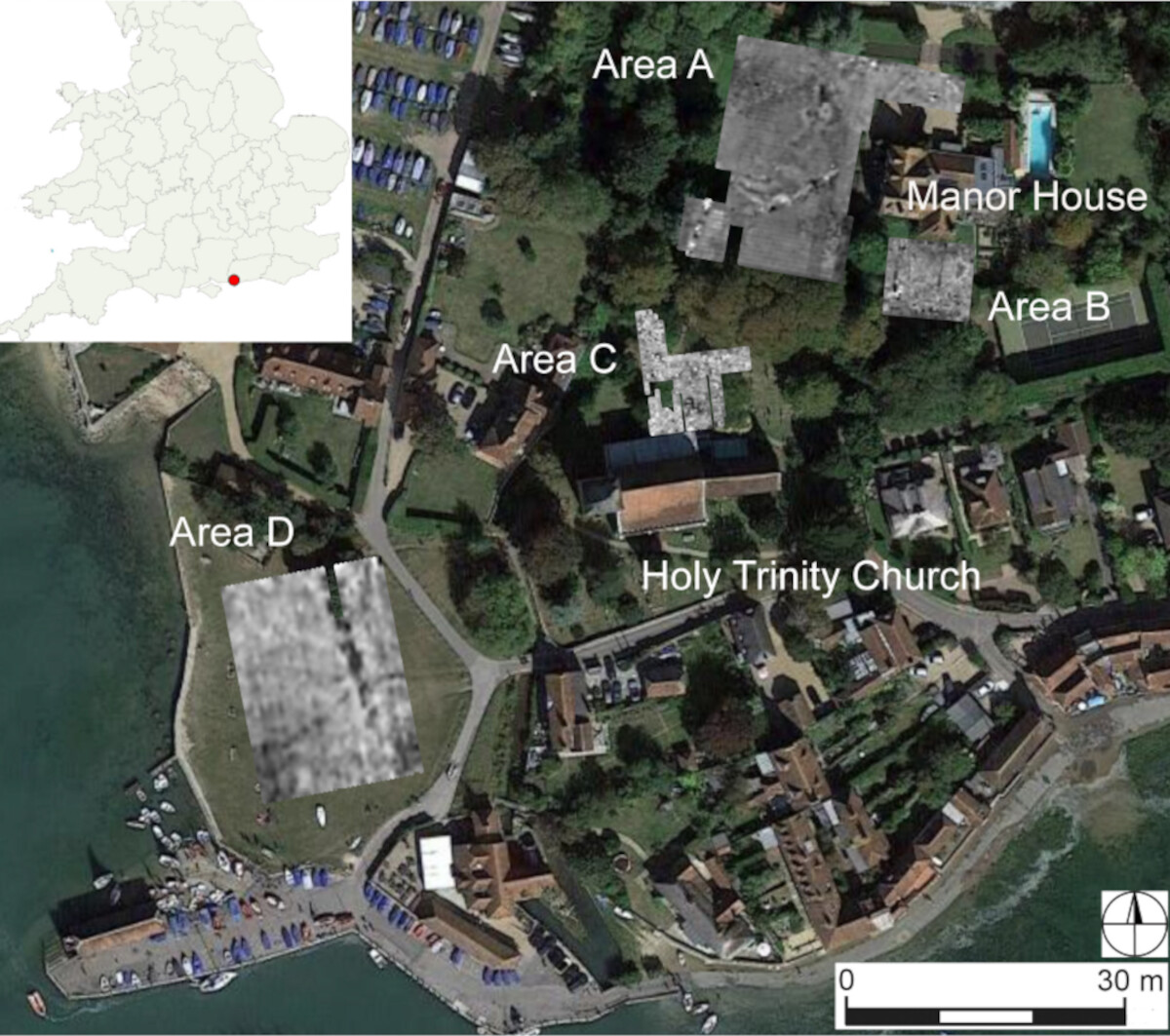 Współczesne położenie Bosham wraz z wynikami badań georadarowych, źródło: <a href=https://www.cambridge.org/core/journals/antiquaries-journal/article/where-power-lies-lordly-power-centres-in-the-english-landscape-c-8001200/7FFE73EFCD219699F9632D4F3589096B/'> The Antiquaries Journal </a>.