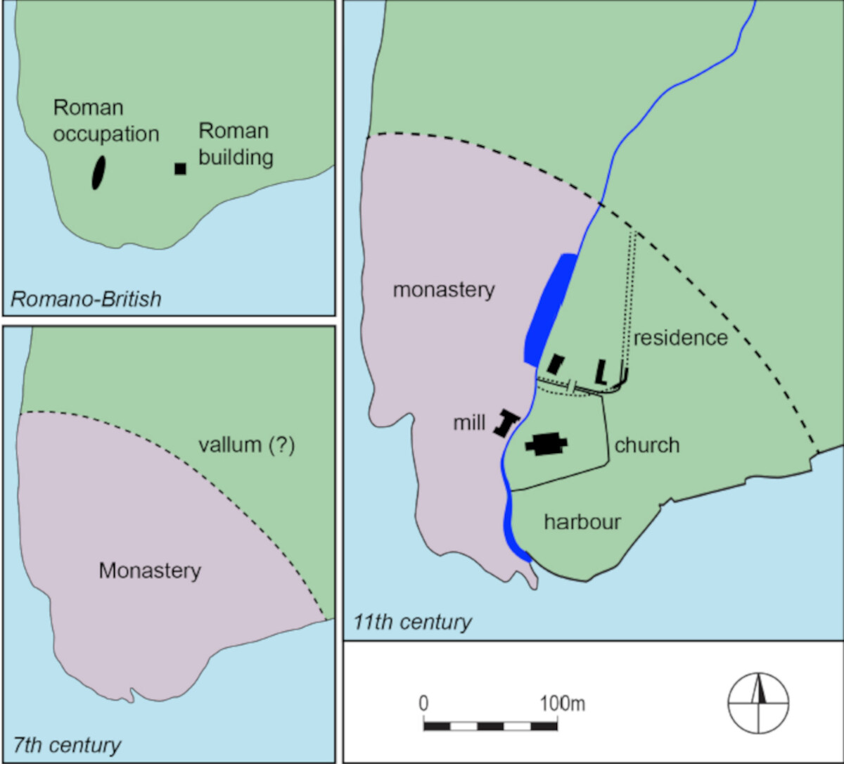 Przypuszczalny rozwój przestrzenno-chronologiczny kompleksu w Bosham, źródło: <a href=https://www.cambridge.org/core/journals/antiquaries-journal/article/where-power-lies-lordly-power-centres-in-the-english-landscape-c-8001200/7FFE73EFCD219699F9632D4F3589096B/'> The Antiquaries Journal </a>.