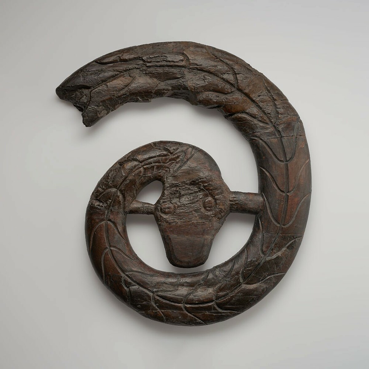 Charakterystyczna głowa węża kończąca stewę dziobową statku z Osebergu. Źródło: <a href='https://www.historiskmuseum.no/english/exhibitions/midgardr/image-carousel/1-ormehodet-cf55521_tbc3-3_edited_c55000_2_reduced-1000px.jpg'>Historisk museum</a>.