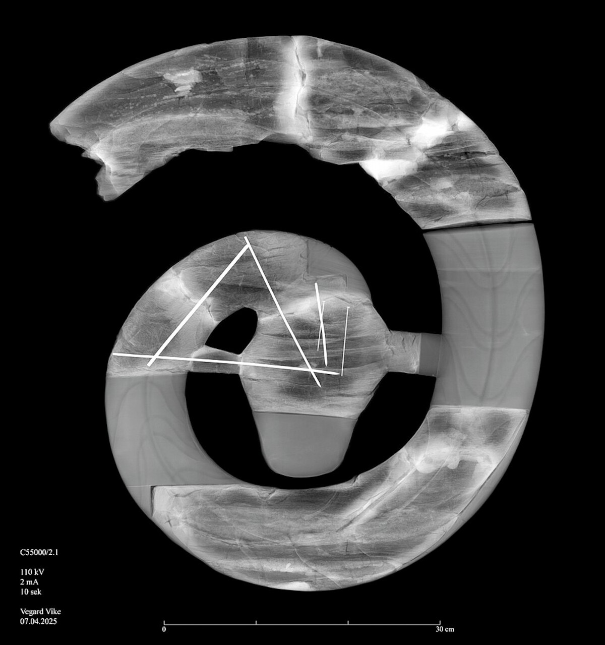 Zdjęcie rentgenowskie galionu statku z Osebergu. Widoczne wyraźnie oryginalne elementy oraz uzupełnienia, a także metalowe kołki trzymające razem drewno. Źródło: <a href='https://www.historiskmuseum.no/english/exhibitions/midgardr/serpent-image-carousel/5-16175282.jpg'>Historisk museum</a>.