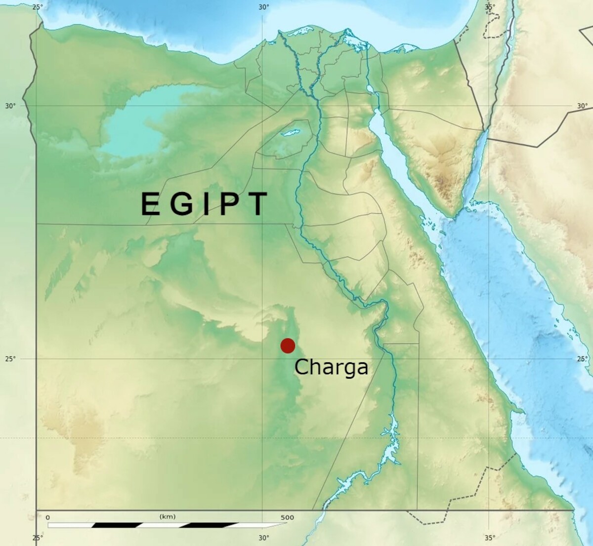 Lokalizacja oazy Charga na terytorium dzisiejszego Egiptu. Źródło: <a href='https://en.wikipedia.org/wiki/File:Egypt_relief_location_map.jpg'>domena publiczna</a>.