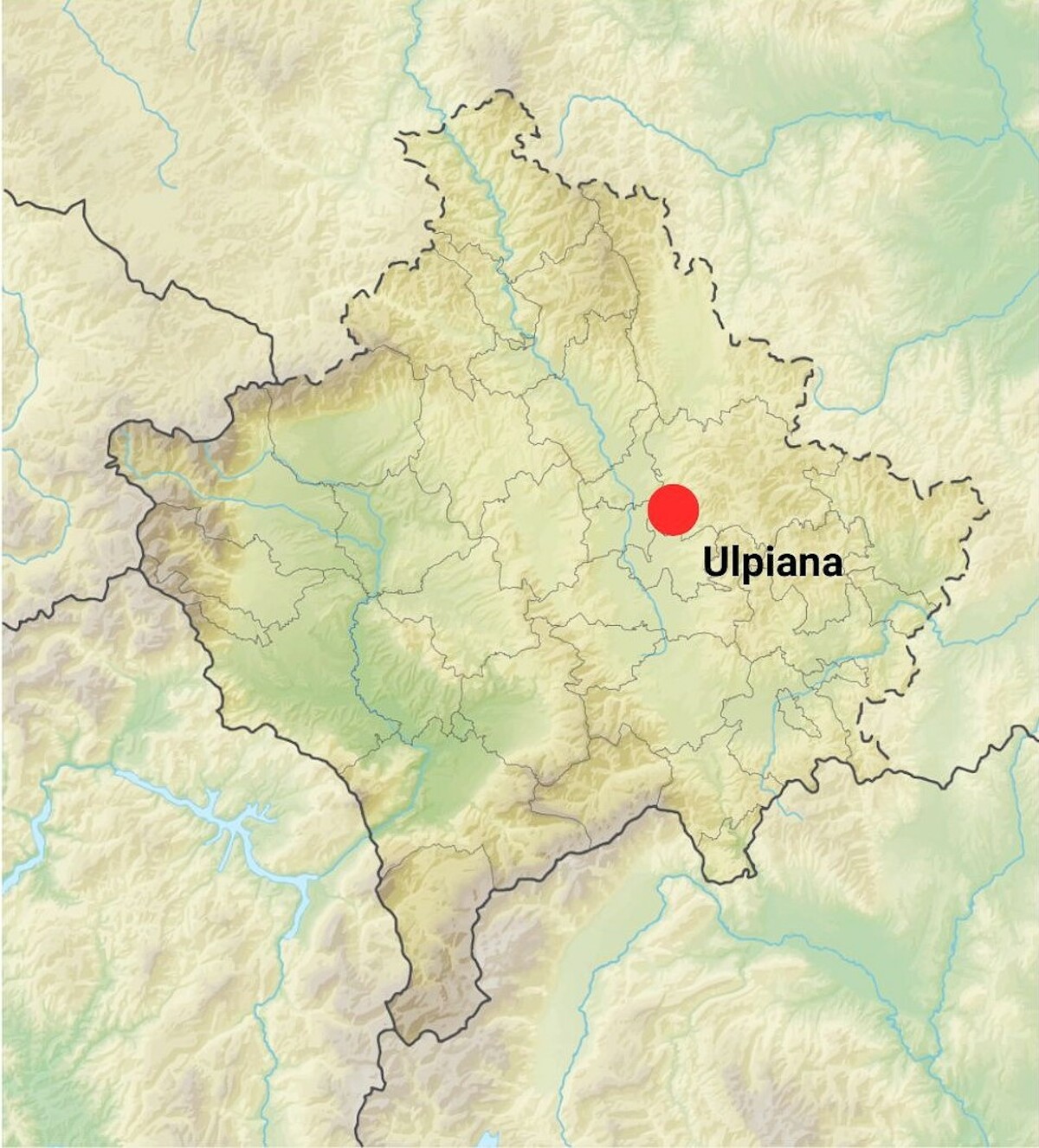 Lokalizacja Ulpiany na terytorium Kosowa. Źródło: <a href='https://upload.wikimedia.org/wikipedia/commons/thumb/9/98/Harta_e_Relievit_t%C3%AB_Kosov%C3%ABs.svg/925px-Harta_e_Relievit_t%C3%AB_Kosov%C3%ABs.svg.png'>domena publiczna</a>.