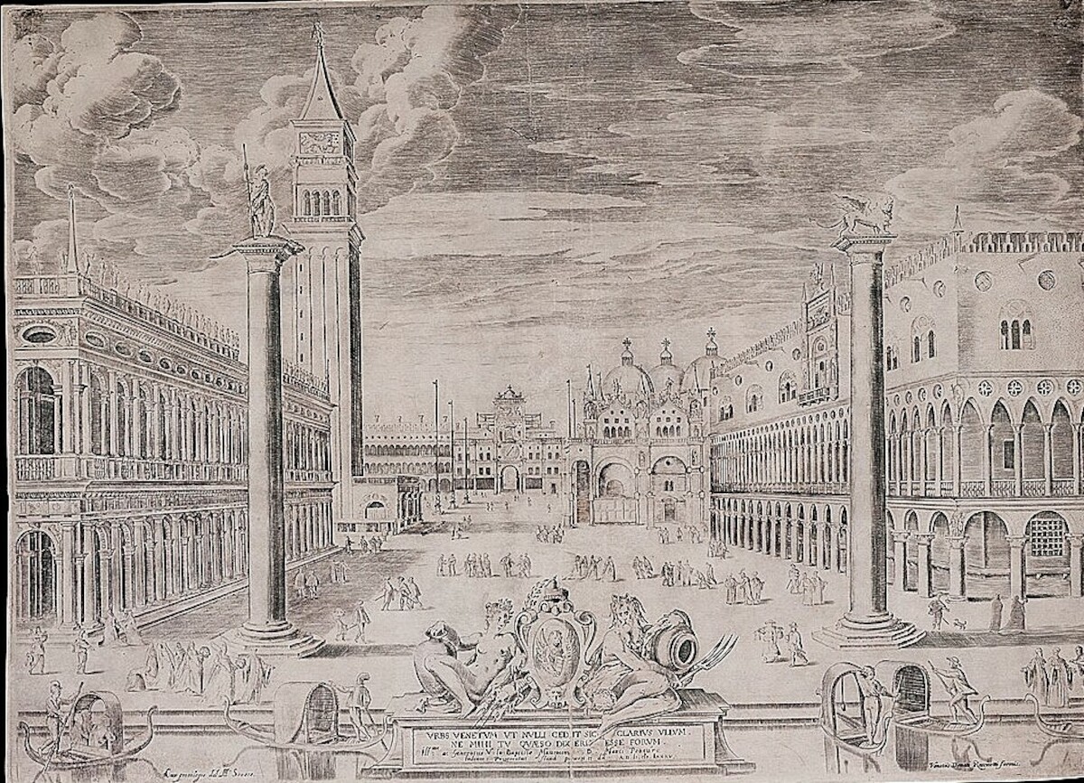 Widok na Plac św. Marka w Wenecji (1585). Po prawej stronie widoczna kolumna z lwem weneckim. Źródło: <a href='https://en.wikipedia.org/wiki/Piazza_San_Marco#/media/File:Vrbs_Venetvm_vt_nvlli_cedit_sic_clarivs_vllvm_ne_mihi_tv_qvaeso_dixeris_esse_forvm.jpg'>domena publiczna</a>.