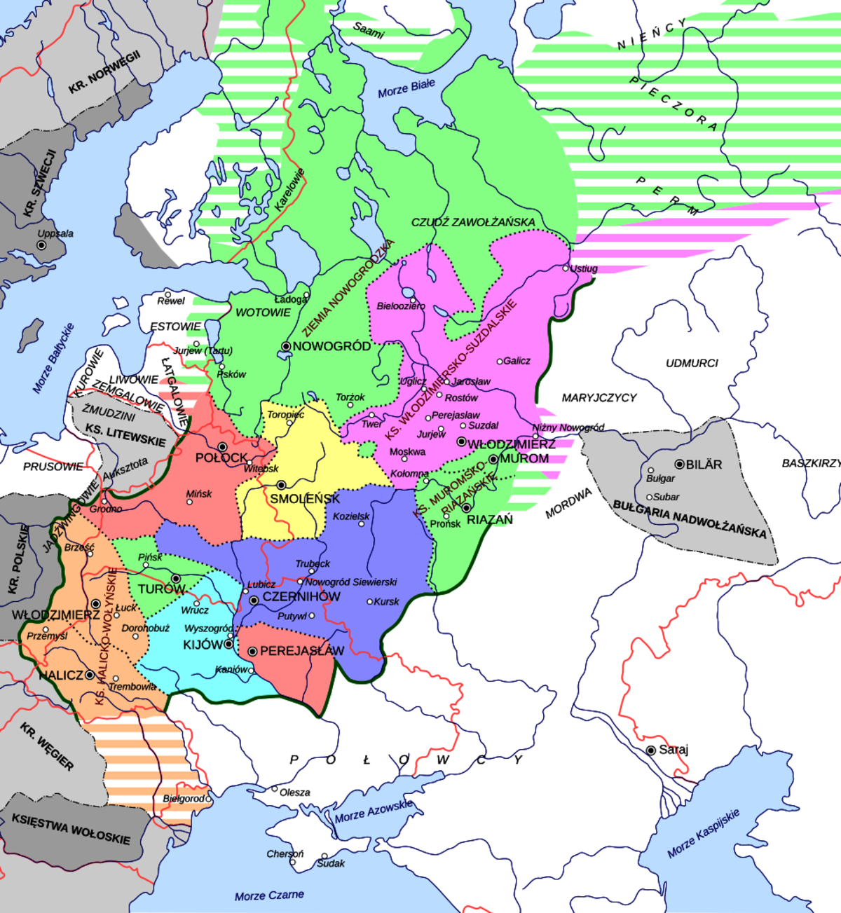 Ziemie ruskie w momencie najazdu mongolskiego (1237-1241). Rys. <a href=https://commons.wikimedia.org/wiki/User:Hellerick>Hellerick</a>/<a href=https://creativecommons.org/licenses/by-sa/3.0/deed.pl>CC BY-SA 3.0</a>. Źródło: <a href=https://w.wiki/JwsH>Wikimedia Commons</a>