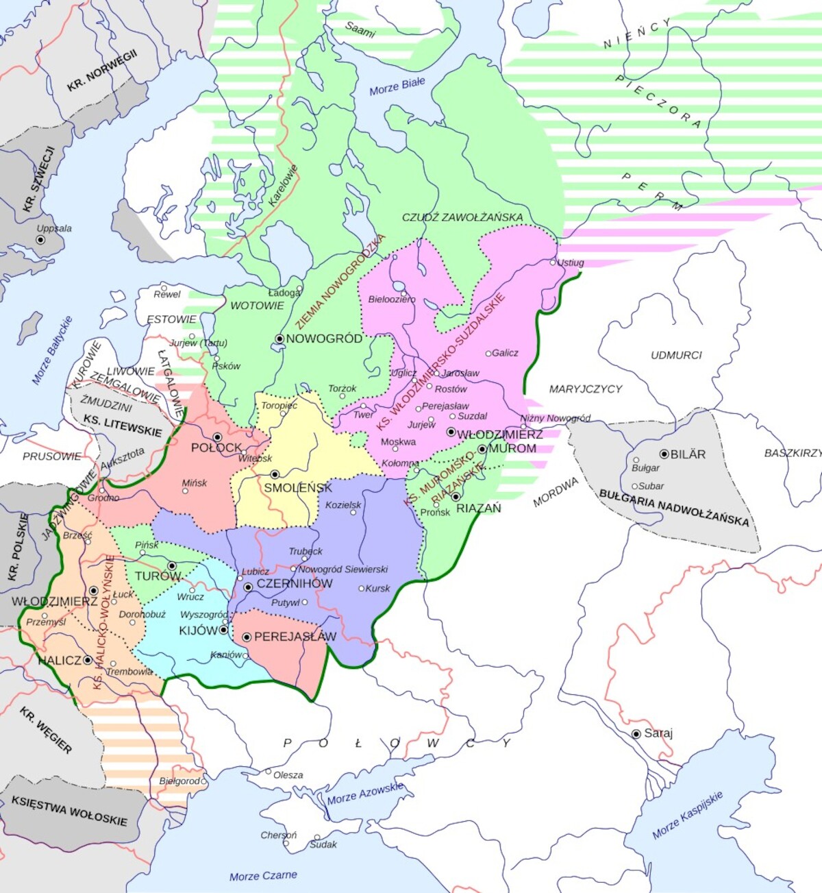 Mapa ziem ruskich w momencie jej podboju przez Mongołów (1237-1241). Rys. Hoodinski/<a href=https://creativecommons.org/licenses/by-sa/3.0/deed.pl>CC BY-SA 3.0</a>. Źródło: <a href=https://w.wiki/JwsH>Wikimedia Commons</a>