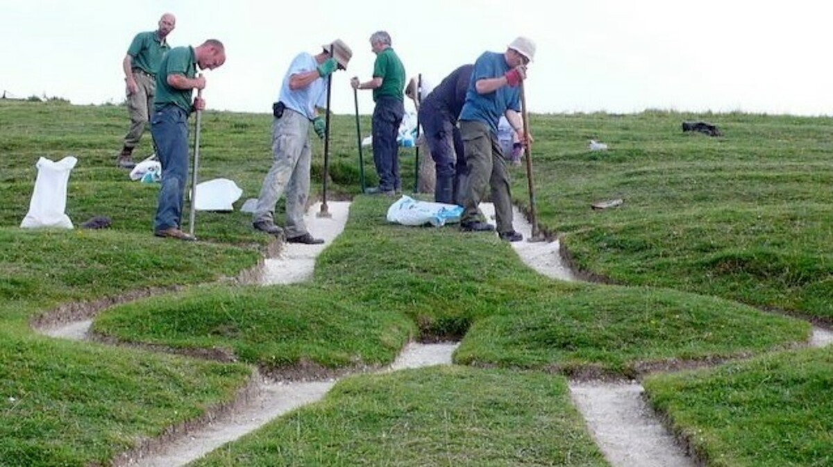  Prace renowacyjne w 2008 r. Źródło:  <a href='https://en.wikipedia.org/wiki/Cerne_Abbas_Giant#/media/File:Cerne_Abbas_Giant_Renovation_(10)_-_geograph.org.uk_-_970091.jpg' rel='noopener'>domena publiczna</a>.